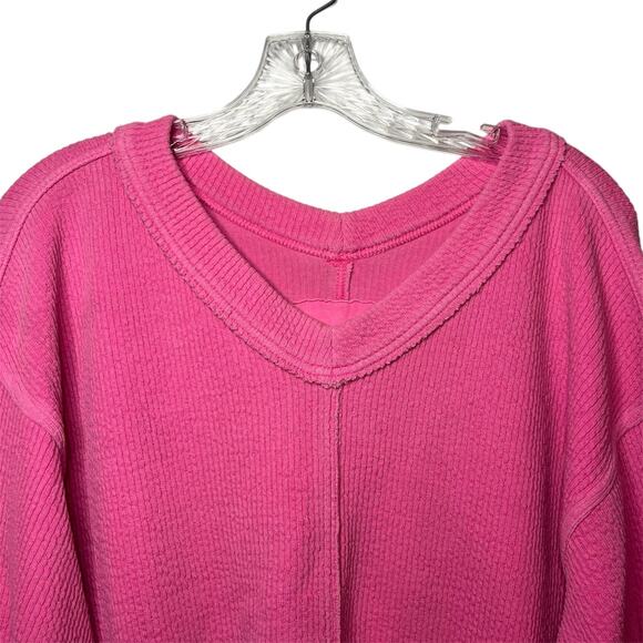 Aerie Wonder Textured V-Neck Sweatshirt Pink Oversized Cozy Waffle Knit Sz XS - Picture 5 of 8